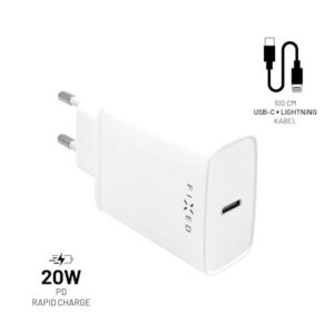 FIXED USB-C įkroviklis 20W+ USB-C/Lightning kabelis, baltos spalvos