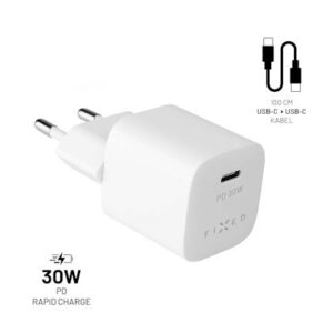 FIXED Mini įkroviklis 30W + USB-C/USB-C kabelis baltos spalvos