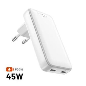 FIXED Slim 2xUSB-C laidinis įkroviklis GaN, PD, 45W, baltos spalvos