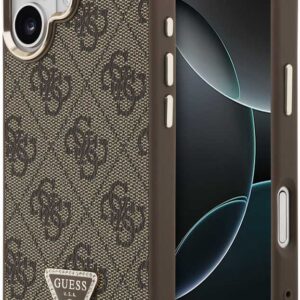 Guess PU Leather 4G Triangle Logo Gold Frame MagSafe dėklas skirtas Apple iPhone 17 rudos spalvos