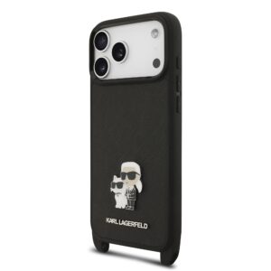 Karl Lagerfeld Saffiano Crossbody Strap Metal Karl and Choupette dėklas skirtas Apple iPhone 17 Pro juodos spalvos