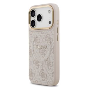 Guess PU Leather 4G Gold Frame MagSafe dėklas skirtas Apple iPhone 17 Pro rožinės spalvos