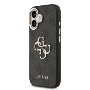 Guess PU Leather 4G Metal Logo Gold Frame dėklas skirtas Apple iPhone 17 juodos spalvos