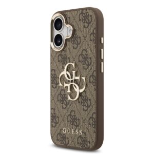 Guess PU Leather 4G Metal Logo Gold Frame dėklas skirtas Apple iPhone 17 rudos spalvos