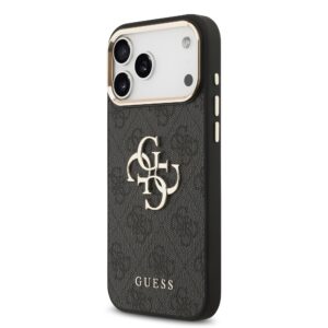 Guess PU Leather 4G Metal Logo Gold Frame dėklas skirtas Apple iPhone 17 Pro Max juodos spalvos