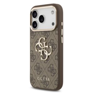 Guess PU Leather 4G Metal Logo Gold Frame dėklas skirtas Apple iPhone 17 Pro Max rudos spalvos - Image 1