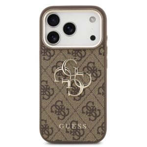 Guess PU Leather 4G Metal Logo Gold Frame dėklas skirtas Apple iPhone 17 Pro Max rudos spalvos - Image 2