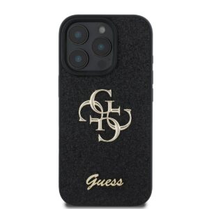 Guess PU Fixed Glitter 4G Metal Logo dėklas skirtas Apple iPhone 16 Pro Max juodos spalvos
