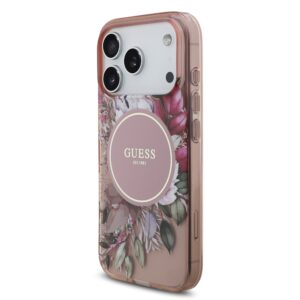 Guess IML Flowers virvelė MagSafe dėklas skirtas Apple iPhone 17 Pro rožinės spalvos