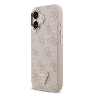 Guess PU Leather 4G Strass Triangle Logo Gold Frame MagSafe dėklas skirtas Apple iPhone 17 rožinės spalvos