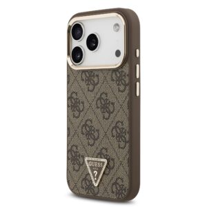 Guess PU Leather 4G Strass Triangle Logo Gold Frame MagSafe dėklas skirtas Apple iPhone 17 Pro rudos spalvos