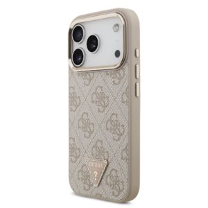 Guess PU Leather 4G Strass Triangle Logo Gold Frame MagSafe dėklas skirtas Apple iPhone 17 Pro rožinės spalvos