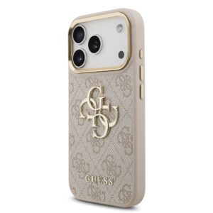 Guess PU Leather 4G Metal Logo Gold Frame dėklas skirtas Apple iPhone 17 Pro rožinės spalvos