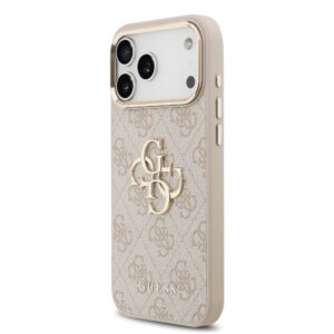 Guess PU Leather 4G Metal Logo Gold Frame dėklas skirtas Apple iPhone 17 Pro Max rožinės spalvos - Image 1