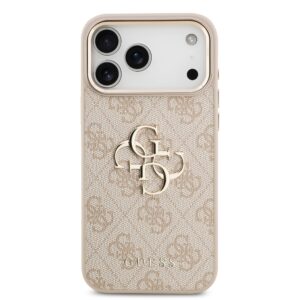 Guess PU Leather 4G Metal Logo Gold Frame dėklas skirtas Apple iPhone 17 Pro Max rožinės spalvos - Image 2