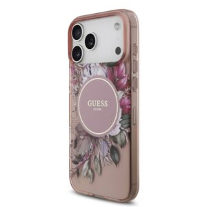 Guess IML Flowers Strap MagSafe dėklas skirtas Apple iPhone 17 Pro Max rožinės spalvos