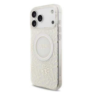 Guess IML Flowers Allover Strap MagSafe dėklas skirtas Apple iPhone 17 Pro Max baltos spalvos