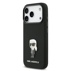Karl Lagerfeld Liquid Silicone Metal Ikonik dėklas skirtas Apple iPhone 17 Pro juodos spalvos