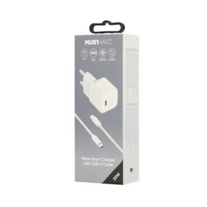 Musthavz Nano įkroviklis 20W + USB-C/USB-C kabelis, baltos spalvos
