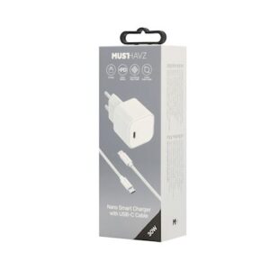 Musthavz Nano įkroviklis 30W + USB-C/USB-C kabelis, baltos spalvos