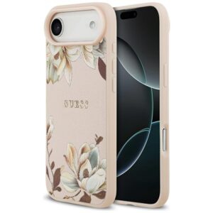 Dėklas GUESS Grained Flowers Classic Logo MagSafe skirtas Apple iPhone 17 Air rožinės spalvos - Image 1