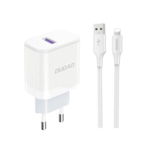Dudao A20EU USB-A 18W network charger - baltos spalvos + USB-A - Lightning cable