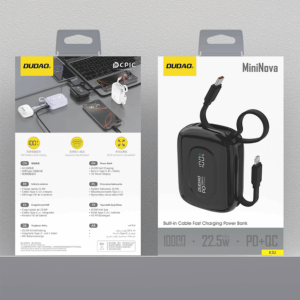 Dudao K32 Powerbank 22.5W 10000 mAh with Built-in USB-C/ Lightning Cable - juodos spalvos - Image 7