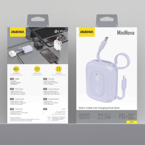 Dudao K32 22.5W 10000 mAh Powerbank with Built-in USB-C/ Lightning Cable - violetinės spalvos - Image 3