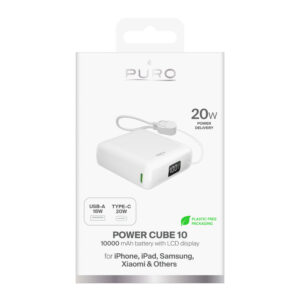 Puro 10000mAh 20W USB-C USB-A Power Bank with Display and Built-in USB-C Cable - baltos spalvos - Image 2