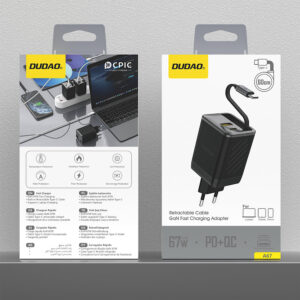 Dudao A67EU GaN 67W laidinis įkroviklis su Built-in Retractable USB-C Power Delivery Quick Charge Cable - juodos spalvos - Image 9