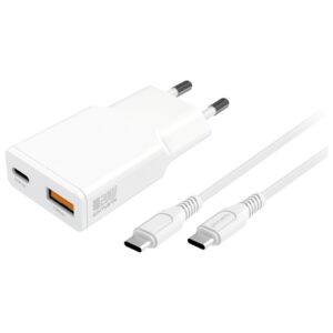 Laidinis įkroviklis 4smarts PDPlug Slim Duos 20W GaN USB-C+USB-A + USB-C kabelis 1.5m baltos spalvos