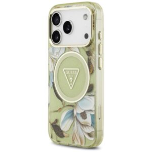 Dėklas Guess IML Glitter Flowers Triangle MagSafe skirtas Apple iPhone 17 Pro Max žalios spalvos - Image 2