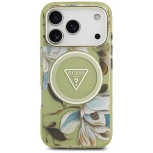 Dėklas Guess IML Glitter Flowers Triangle MagSafe skirtas Apple iPhone 17 Pro Max žalios spalvos - Image 3