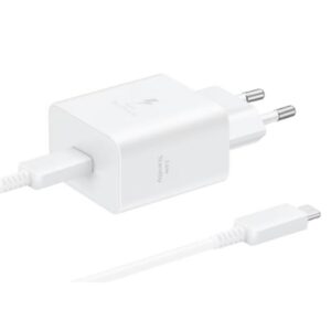 Samsung T4511 PD 45W laidinis įkroviklis su USB-C/USB-C 5A kabeliu baltos spalvos