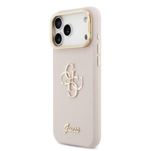 Guess PU Grained 4G Logo Stand Camera Frame dėklas skirtas Apple iPhone 17 Pro Max rožinės spalvos