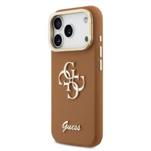 Guess PU Grained 4G Logo Stand Camera Frame dėklas skirtas Apple iPhone 17 Pro rudos spalvos