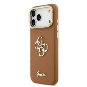Guess PU Grained 4G Logo Stand Camera Frame dėklas skirtas Apple iPhone 17 Pro Max rudos spalvos