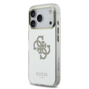 Guess PC/TPU Mirror 4G Glitter Logo MagSafe dėklas skirtas Apple iPhone 17 Pro Max Gold
