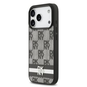 DKNY PU Leather Checkered Pattern and Stripe dėklas skirtas Apple iPhone 17 Pro juodos spalvos