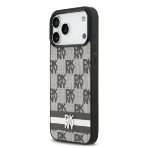 DKNY PU Leather Checkered Pattern and Stripe dėklas skirtas Apple iPhone 17 Pro Max juodos spalvos