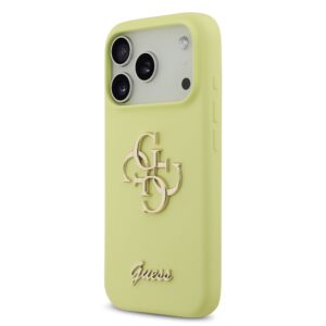 Guess Liquid Silicone 4G Metal Logo Case for Apple iPhone 17 Pro geltonos spalvos