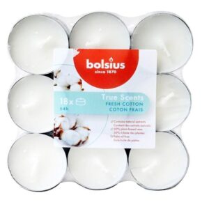 Žvakė, aromatinė Bolsius Fresh Cotton, 4 h, 18 vnt., Balta