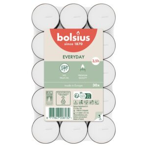Žvakė, arbatinė Bolsius, 3.5 h, 30 vnt., Balta