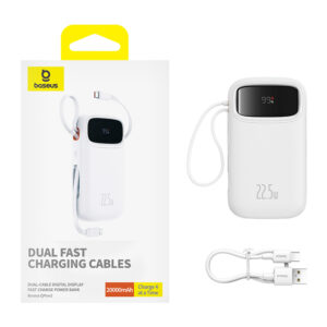 Baseus Qpow2 20000mAh 22.5W Powerbank with Dual Cable with Digital Display + Baseus Simple USB-C 3A Cable 0.3m (baltos spalvos) - baltos spalvos - Image 8