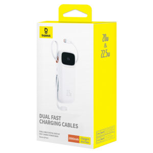 Baseus Qpow2 20000mAh 22.5W Powerbank with Dual Cable with Digital Display + Baseus Simple USB-C 3A Cable 0.3m (baltos spalvos) - baltos spalvos - Image 9