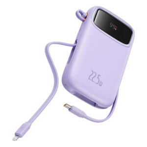 Baseus Qpow2 20000mAh 22.5W Powerbank with Dual Cable with Digital Display + Baseus Simple USB-C 3A Cable 0.3m (baltos spalvos) - violetinės spalvos - Image 4