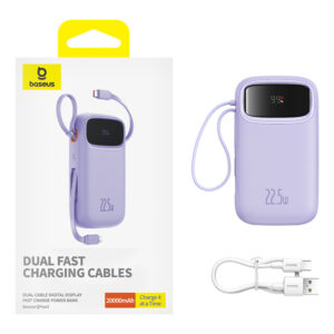 Baseus Qpow2 20000mAh 22.5W Powerbank with Dual Cable with Digital Display + Baseus Simple USB-C 3A Cable 0.3m (baltos spalvos) - violetinės spalvos - Image 8