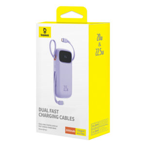Baseus Qpow2 20000mAh 22.5W Powerbank with Dual Cable with Digital Display + Baseus Simple USB-C 3A Cable 0.3m (baltos spalvos) - violetinės spalvos - Image 9