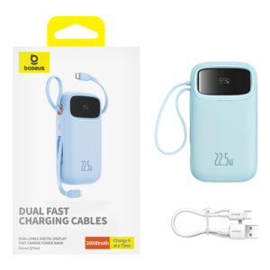 Baseus Qpow2 20000mAh 22.5W Powerbank with Dual Cable with Digital Display + Baseus Simple USB-C 3A Cable 0.3m (baltos spalvos) - Blue - Image 8