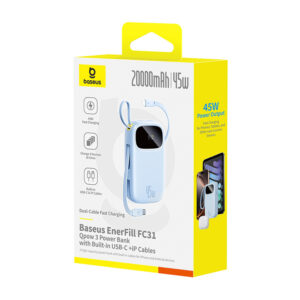 Baseus EnerFill FC31 20000mAh 45W Power Bank with Display with USB-C and Lightning Cables - mėlynos spalvos - Image 3